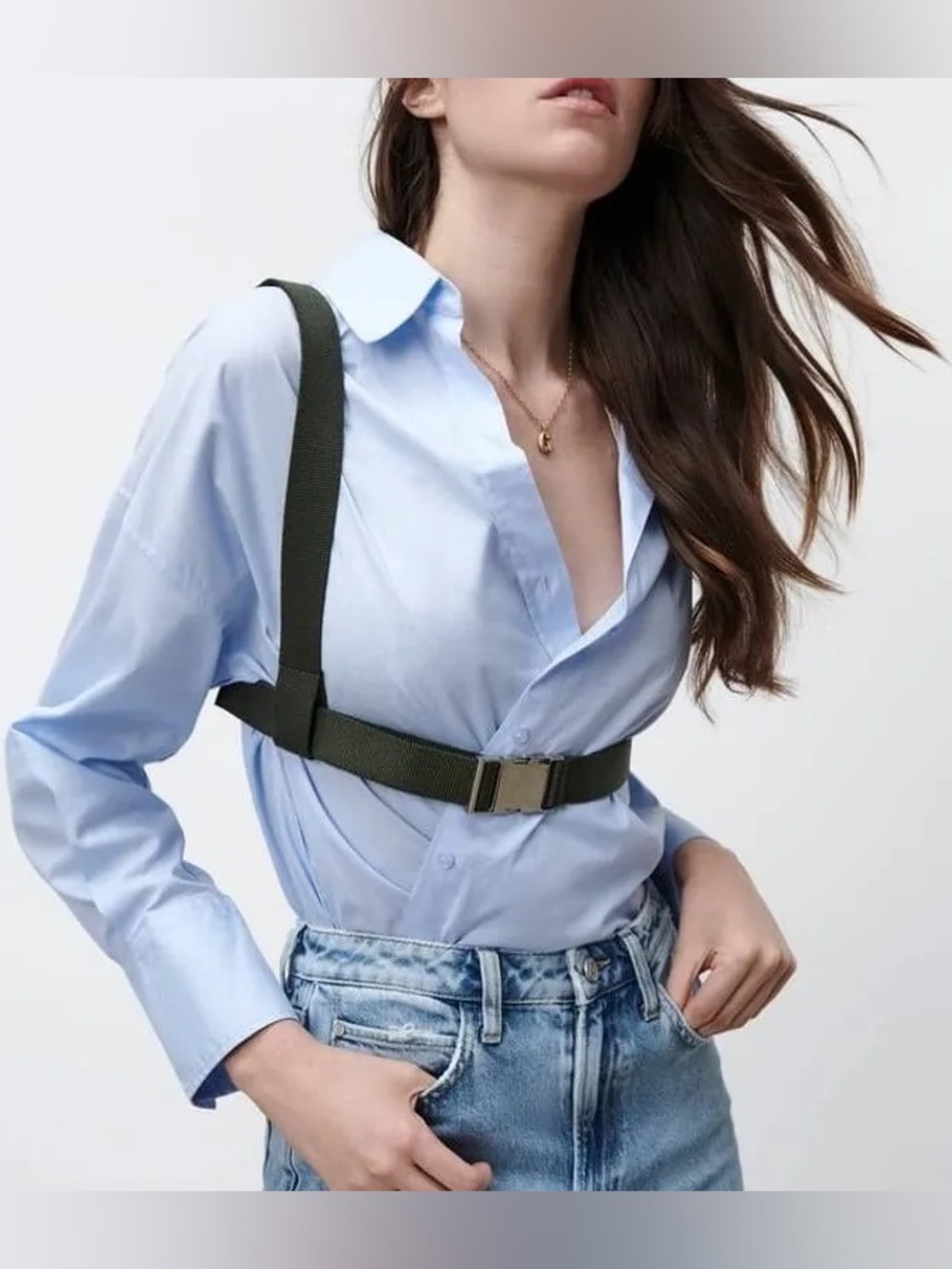 New  ZARA Women’s Sz 30 Black Canvas Harness Belt Black Metal Buckle Closure